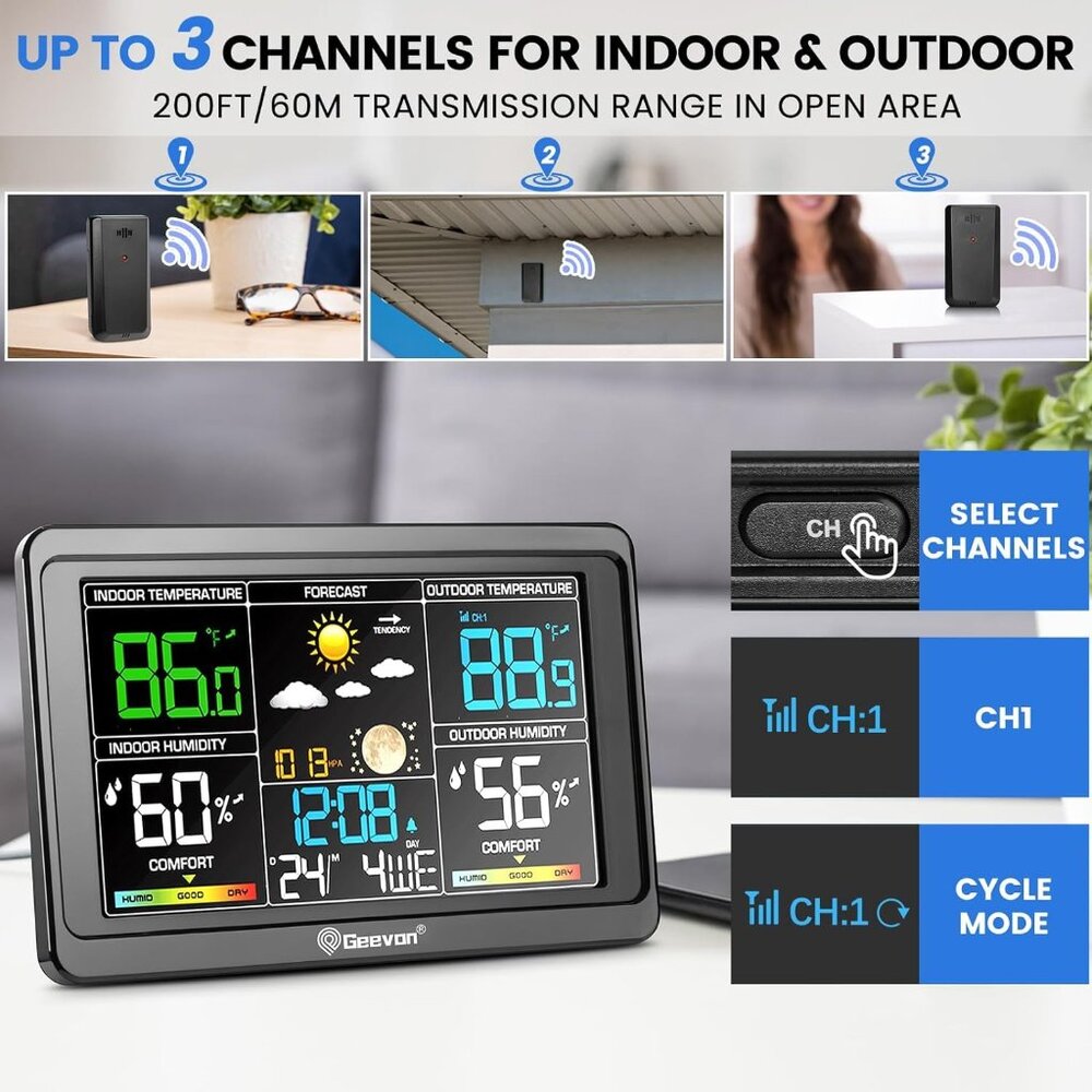 Wireless Indoor Outdoor Weather Station with Color Display, Digital Thermometer - Picture 5 of 9